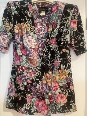 Vintage Just In Thyme Sz 8 Short Sleeve Double Breasted Floral Top Pearl Button
